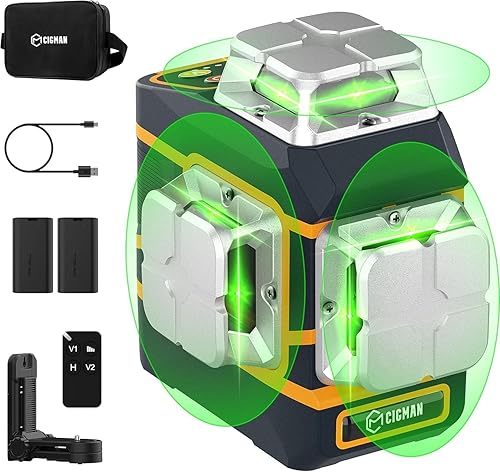 CIGMAN Nivel láser CM-801 Nivel láser autonivelante 3 x 360 3D Línea cruzada verde para decoración y colgar cuadros con dos baterías recargables,