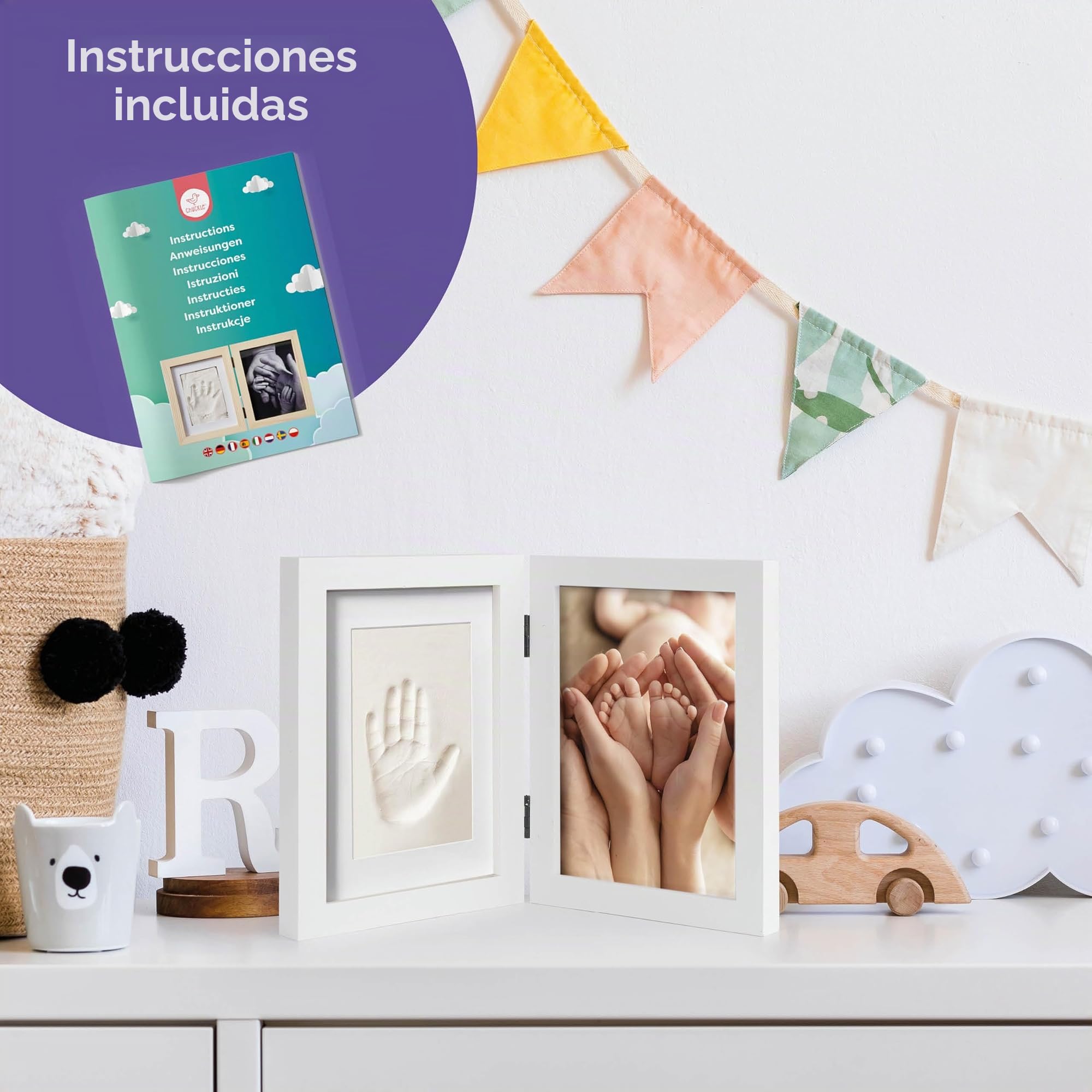 chuckle - Kit de Marco de Arcilla para Impresión de Huellas de Pies y Manos de Bebe - Incluye Rodillo para Alisar Bordes e Instrucciones de Uso