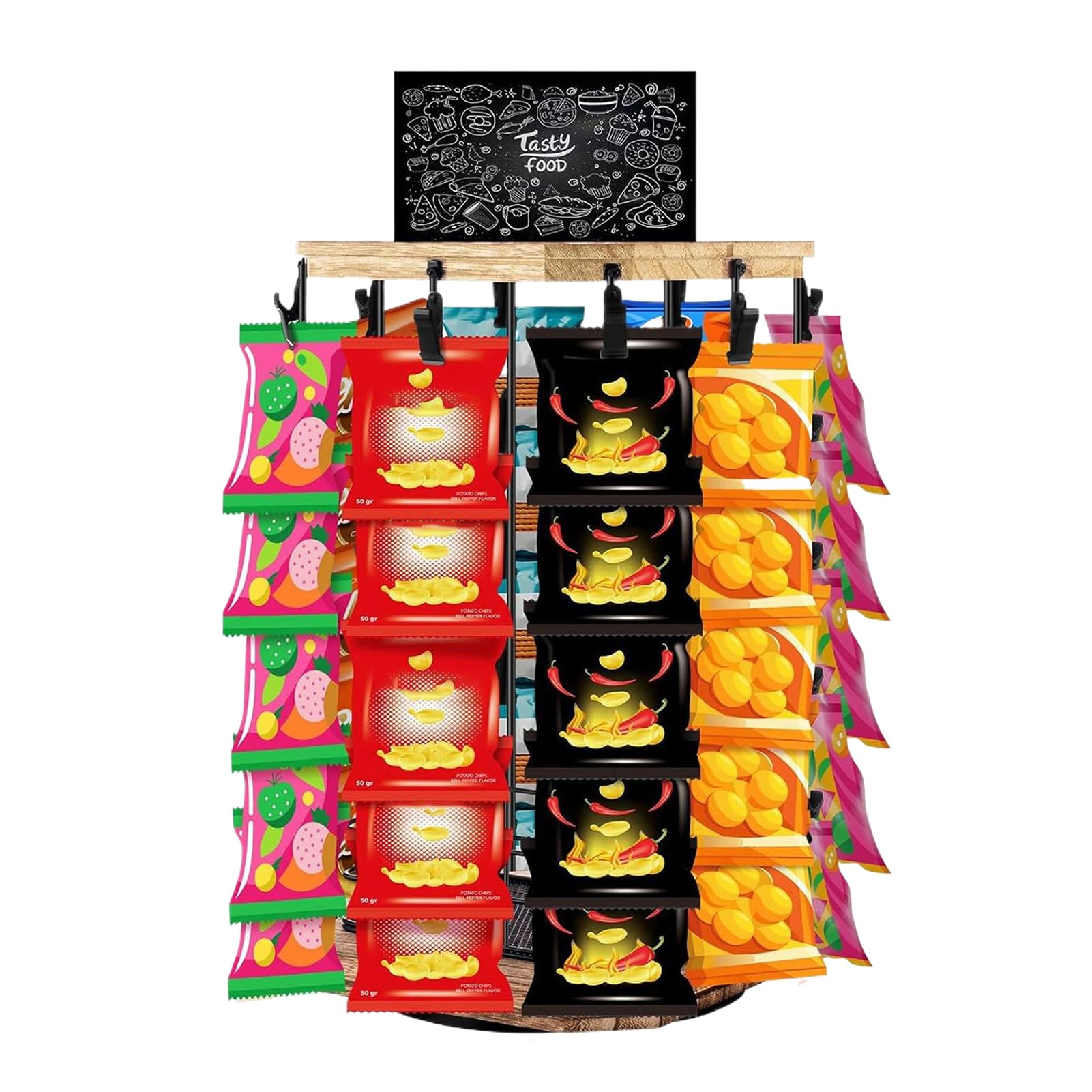 Soporte Expositor De Aperitivos Para Mostrador | Organizador Giratorio De Snacks Con 5 Niveles Y 40 Ganchos,Bandeja Giratoria Con Tablero De Mensajes Y Clips Para Organizar Despensa De Cocina