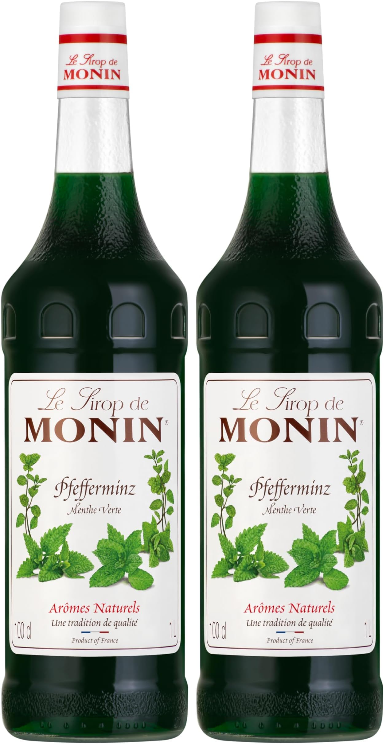 Monin Sirup Pfefferminz (1 x 1,0l) - Vielseitiger Minzsirup für Cocktails, Heißgetränke und Desserts - Vegan - intensiver Geschmack (Packung mit 2)
