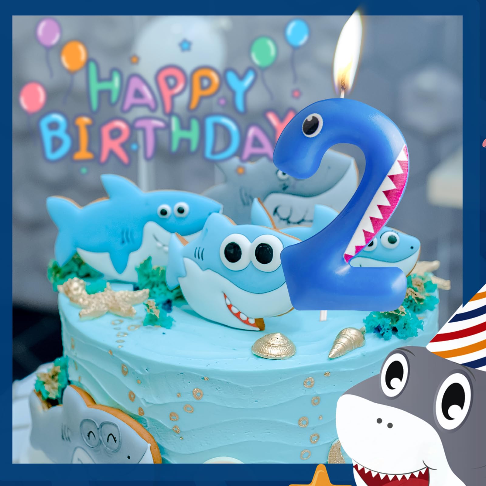 Velas de cumpleaños azules con el número 4, vela número 4, decoraciones de fiesta de tiburón para decoración de pasteles, vela de feliz cumpleaños, fiesta temática de animales del océano, tiburón,
