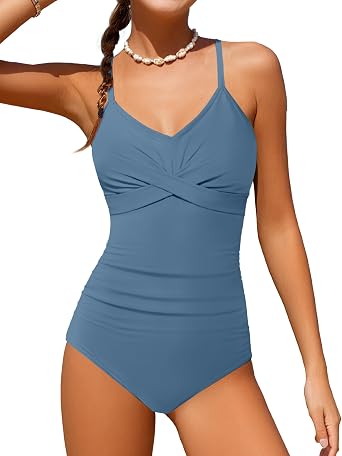 Girls Swimsuit One Piece Control Front Cross Ruched Tie Back Bathing Suit Swimwear with Drawstring Cover Up 9-16T