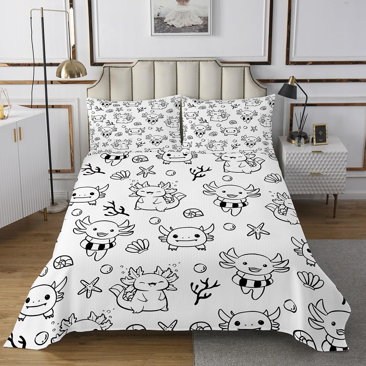 jejeloiu Boys Girls Cute Axolotl Coverlet Set Queen Size, Cartoon Salamander Bedspread Kids Kawaii Ocean Sealife Quilted Coverlet Teens Bedroom Decor 3Pcs