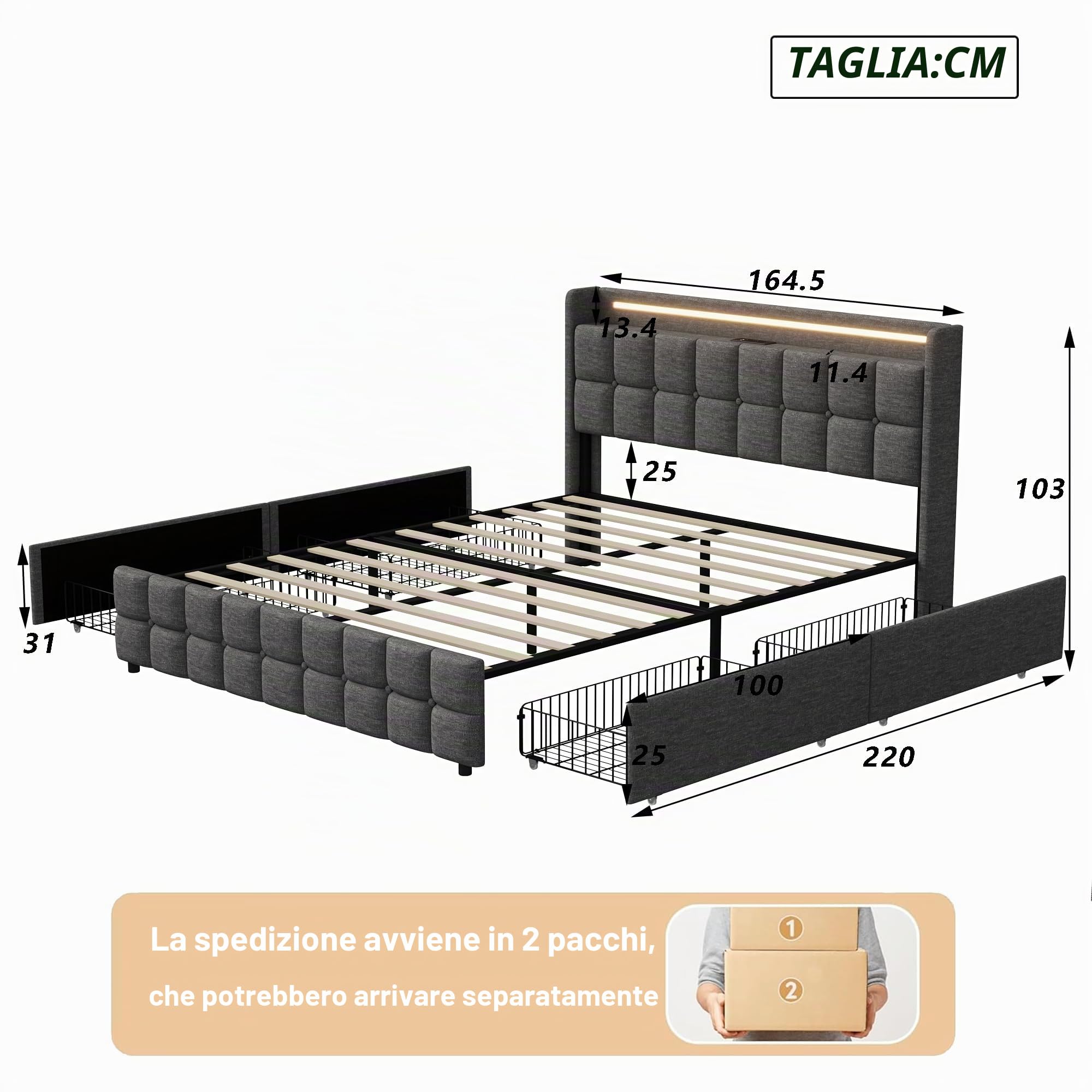 CDQL Letto imbottito 160 x 200 cm con 4 cassetti, letto matrimoniale con illuminazione a LED e porta USB, struttura del letto con rete a doghe, letto per ragazzi, letto degli ospiti, in lino, grigio