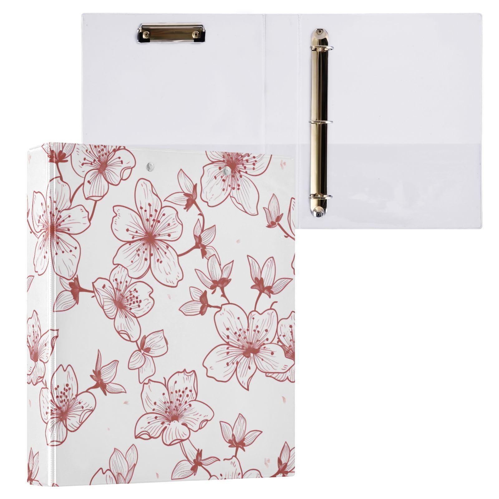 Raccoglitori ad anelli con 3 anelli, 3,8 cm, semplici fiori di ciliegio, decorativi, rotondi, con clip in metallo, organizer per casa e ufficio, confezione da 2