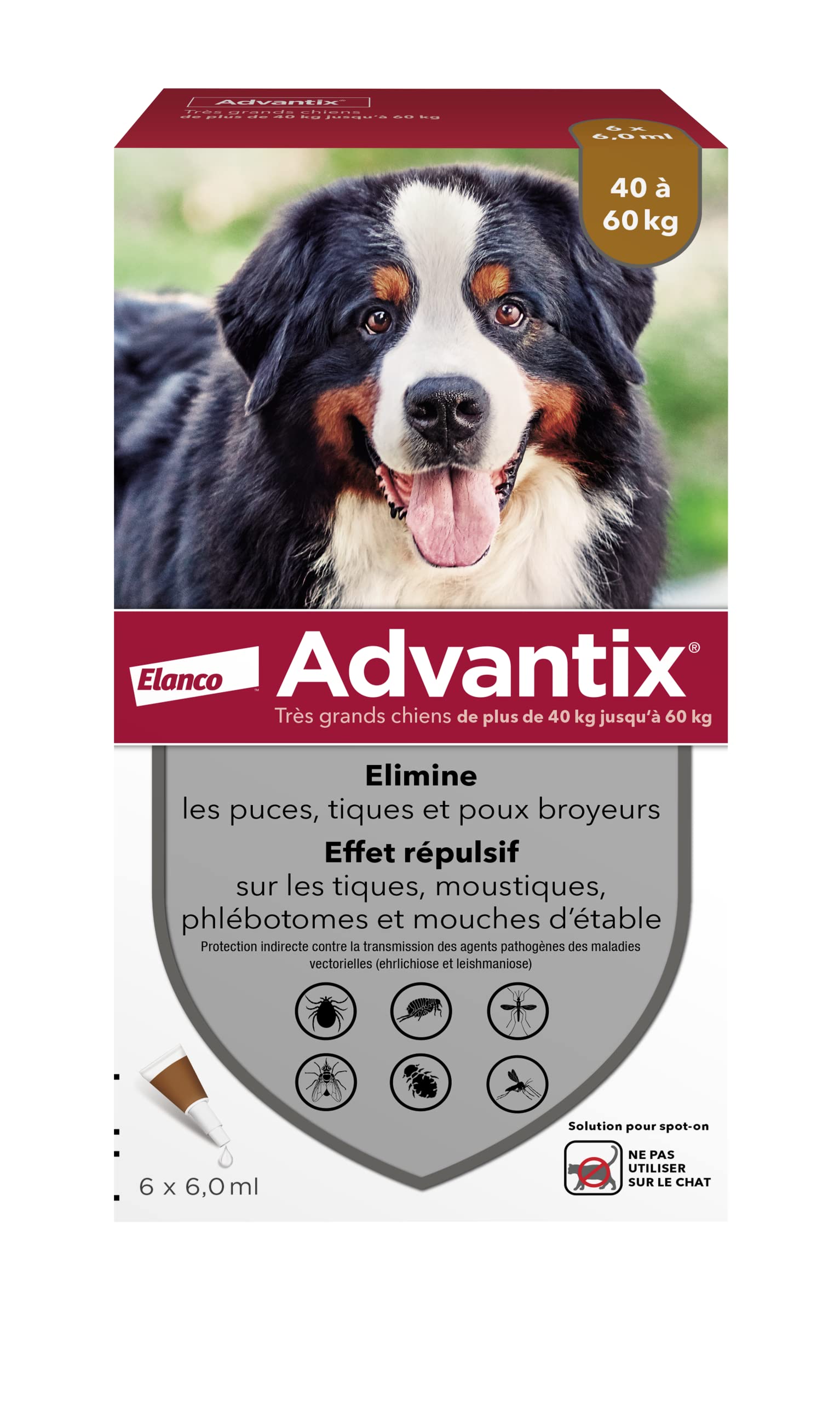 Advantix Cane molto grande tra 40 e 60 kg - Pipette per cani contro 6 parassiti - Trattamento e protezione per il tuo cane per 4 settimane - 6 x 6,​0 ml