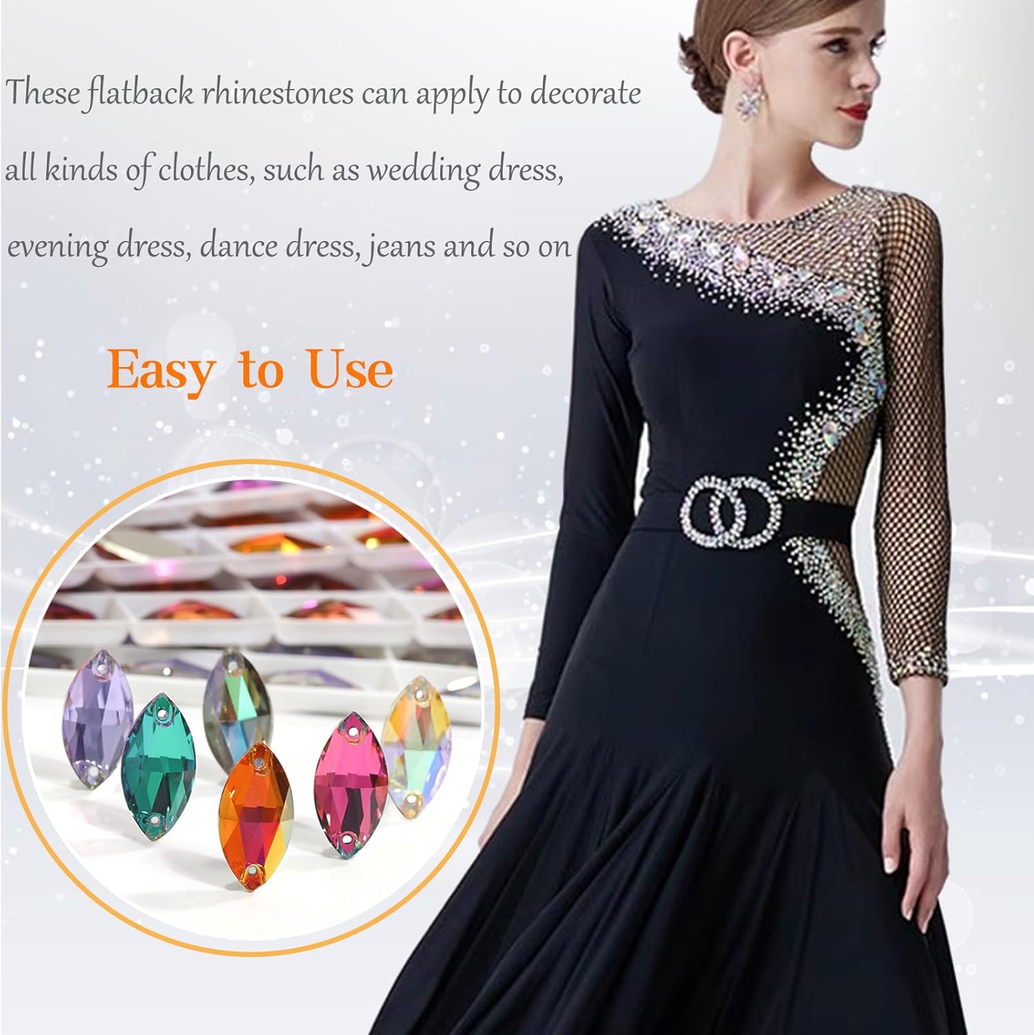 Horse Eye Rhinestones Flatback Sew on Rhinestone with 2 Holes 42pcs 7x15mm Glass Navette Shape Rhinestones for Crafts Project,Clothes,Costume,Shoes,Bags,Black Crystal - Image 4