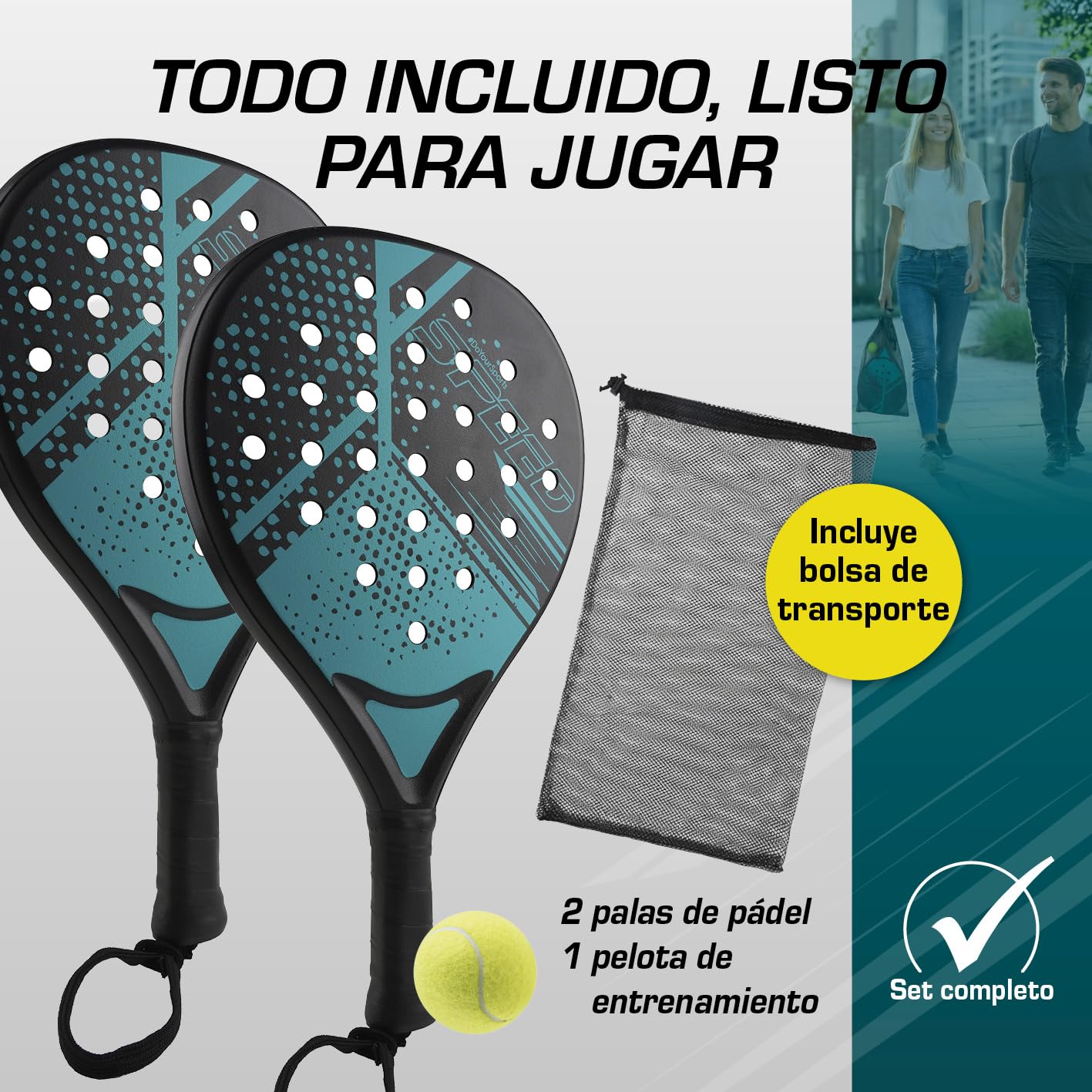 #DoYourSports Set de Palas de pádel | Set de iniciación con Palas de pádel, 2 Palas Ligeras para pádel con Pelota y Red | Empuñadura Antideslizante Ideal para Entrenar y el Tiempo Libre