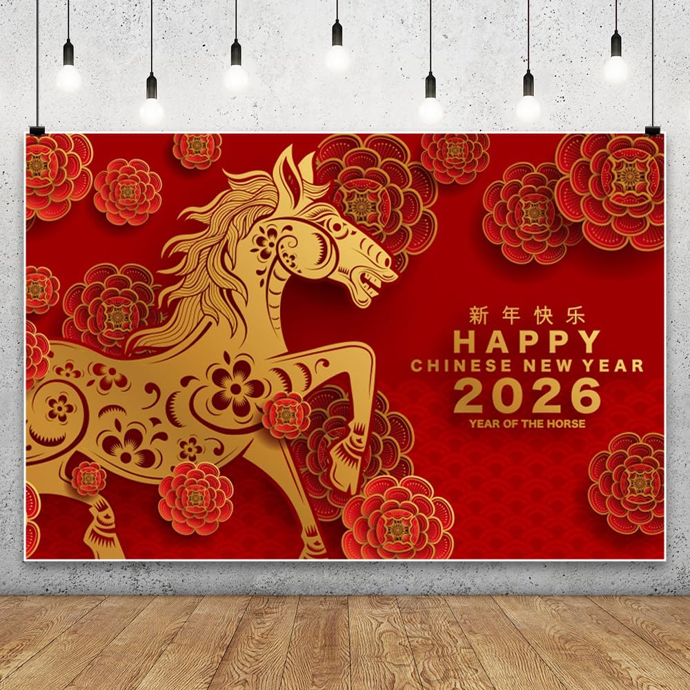 6x3m Neujahrshintergrund 2026 Mondkalender das Jahr des Pferdes chinesisches Frühlingsfest Fotografie-Hintergrund rote Blume Papierschnitt Evas Familienfeier Feier Banner