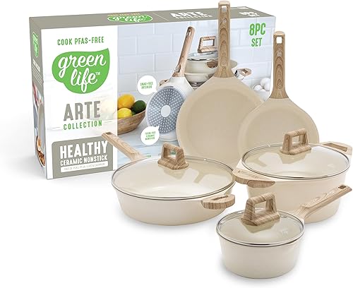 GreenLife Juego de utensilios de cocina antiadherentes de cerámica de 8 piezas, apto para inducción, no tóxico, sin PFAS, apto para lavavajillas,