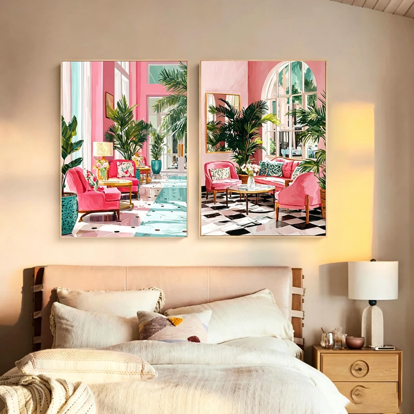 ZBELLO Set of 2 Posters, Pink Retro Tropical-Style Plant Abstract Canvas Print Posters, Modern Art Prints for The Living Room, Bedroom and Home Decor, Unframed (40x50cm)