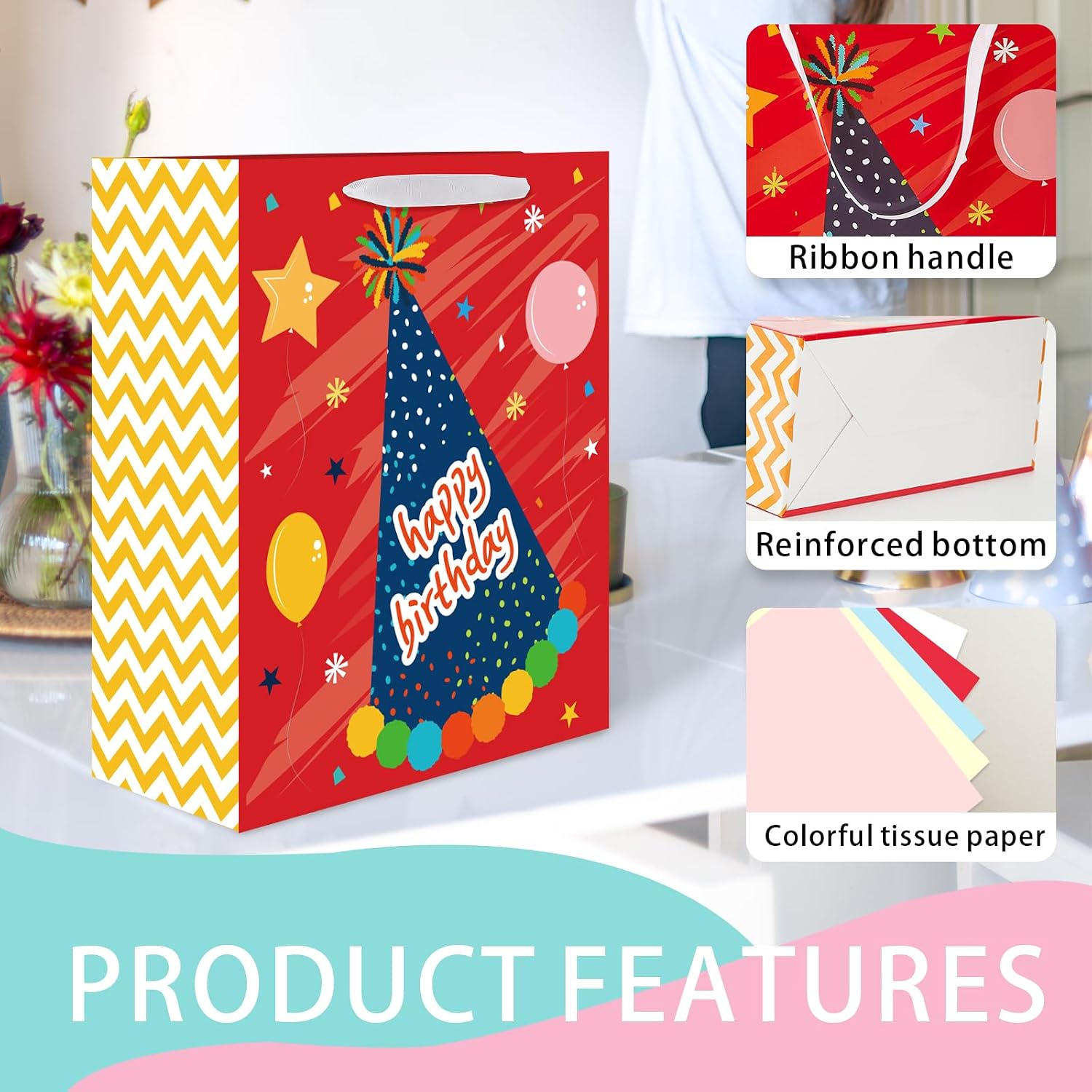 Miakutho Birthday Gift Bags Assorted Size with Ribbon Handles and Tissue Paper (6 Bags: 2 Extra Large 15", 2 Large 13", 2 Medium 9") Birthday Wrap Bag for Kids, Boys, Girls