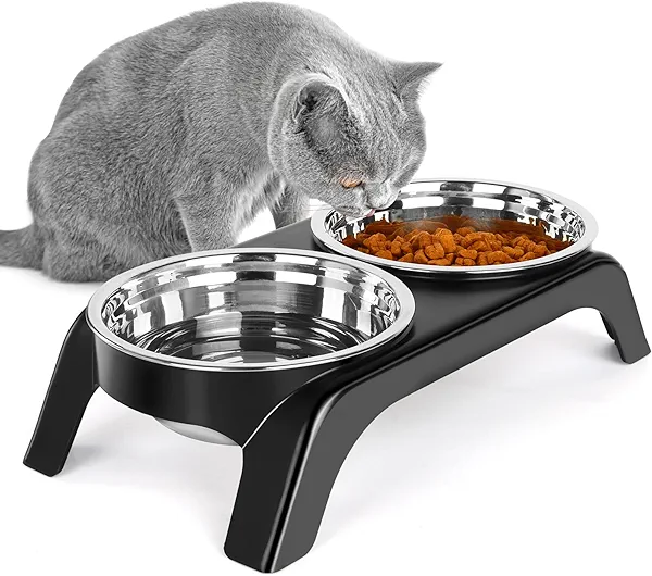 Befoco Elevated Cat Bowls - Anti-Vomiting Raised Food Bowl Set With 2 Stainless Steel Bowls, Prevents Neck Pain, ABS Anti-Slip Stand for Indoor Cats & Puppies (Black)