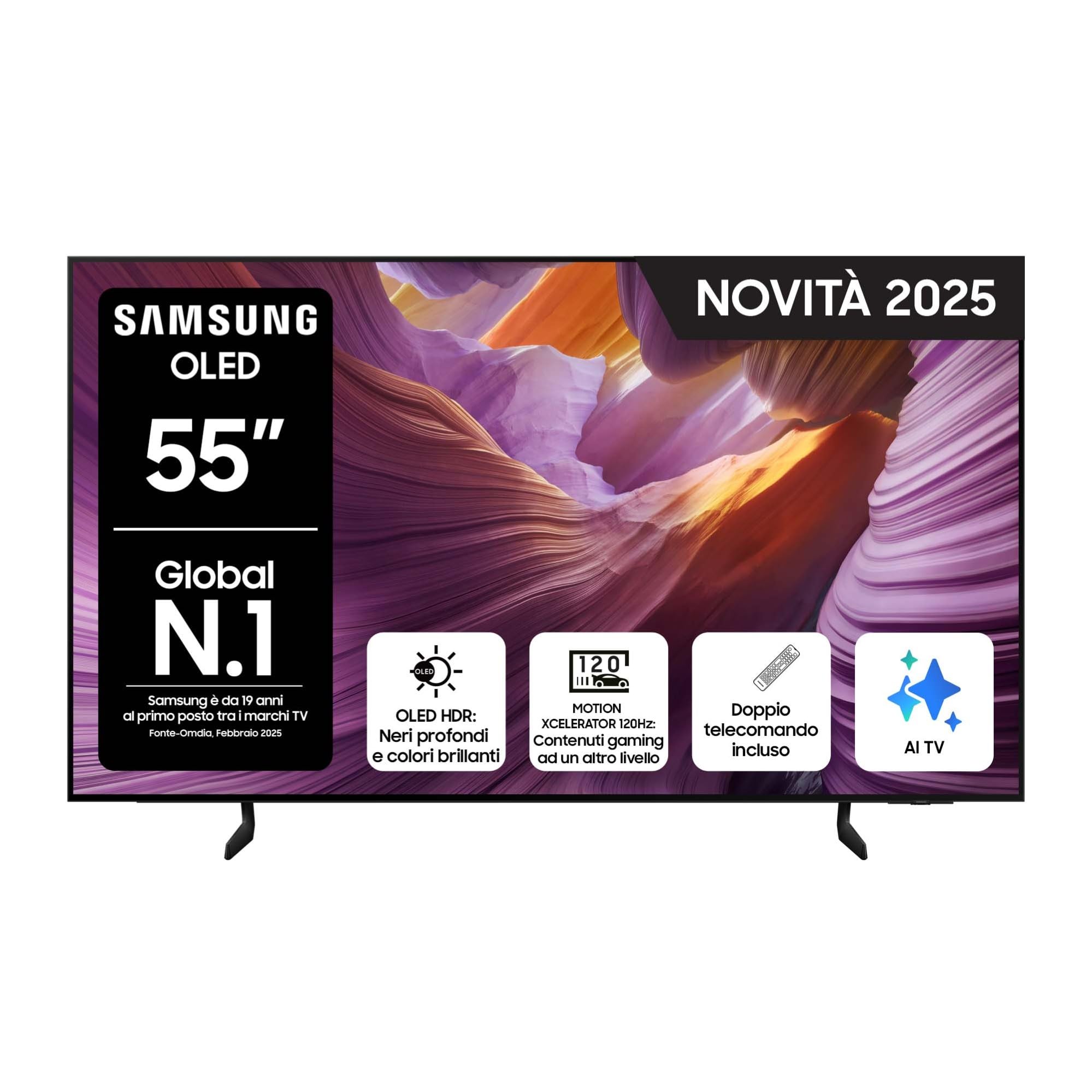 Samsung OLED 4K Vision AI Smart TV 55'' QE55S85FAEXZT, NQ4 AI Gen2 Processor, 4K AI Upscaling, Glare Free, Dolby Atmos & OTS Lite, Contour Design, PACCHETTO INTRATTENIMENTO, 2025