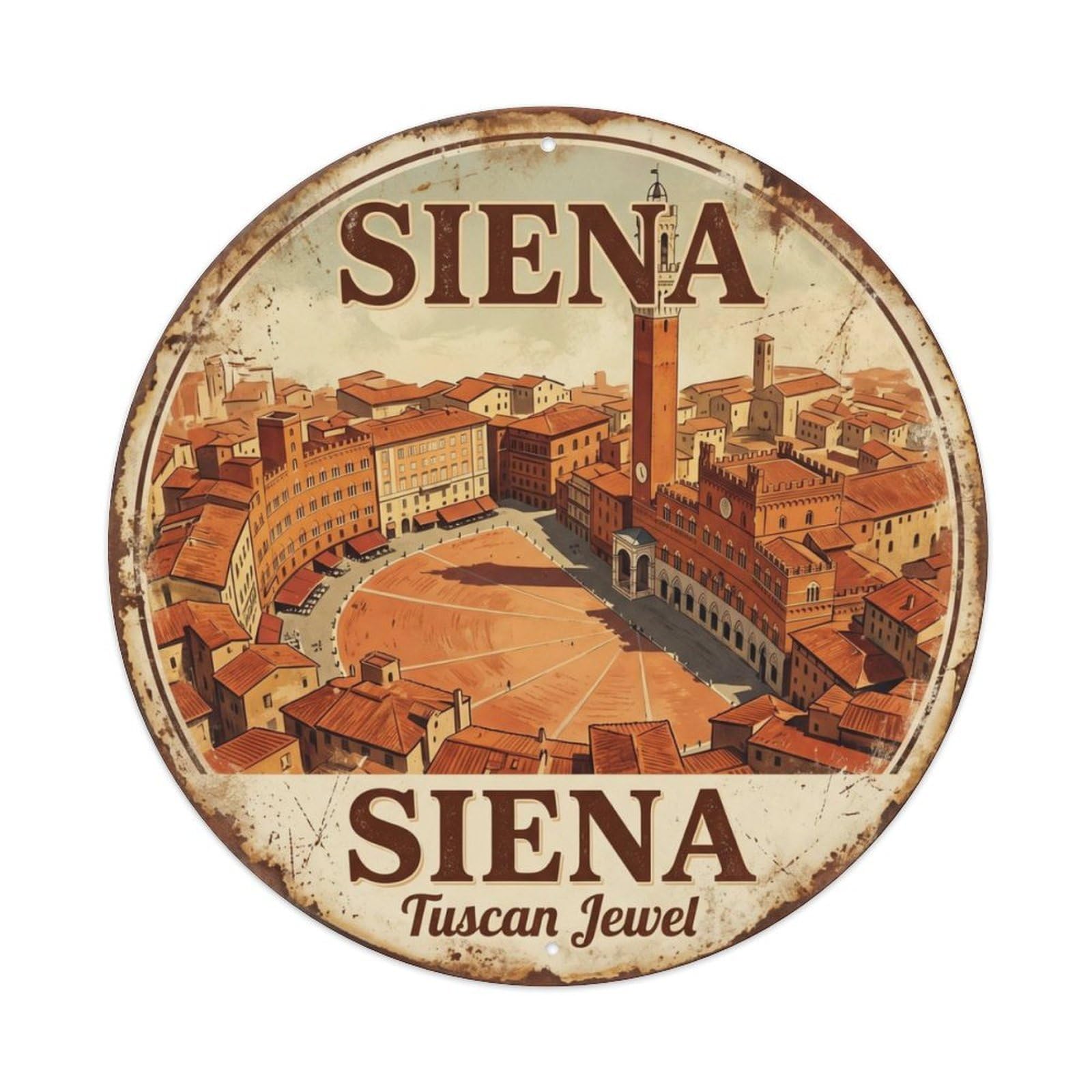 Vintage Travel Siena Piazza Italy Metal Tin Sign Plaque Wall Decor for Cafe, Club Bar, Office, Home Garden Round Metal Poster 8x8Inch