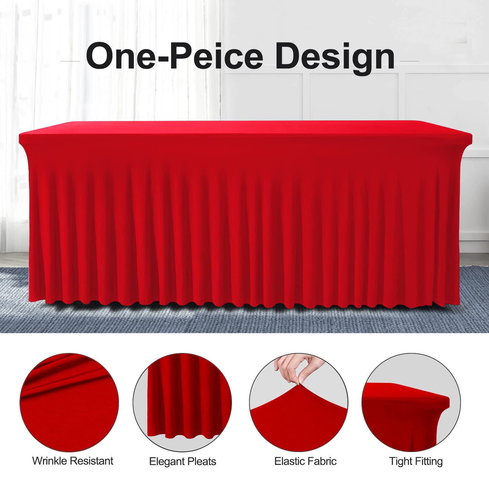 BDDC Rectangle Table Skirts - 6ft One Piece Red Table Cover with Wrinkle Resistant Ruffles for Banquets Weddings & Parties - Image 2