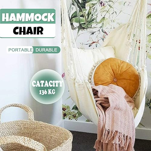 Miniatura 3 de Hammock Chair Hanging Rope Swing Seat for Indoor Outdoor, Sturdy Cotton Weave Hammock Swing, Max 300Lbs Hanging Hammock Chair