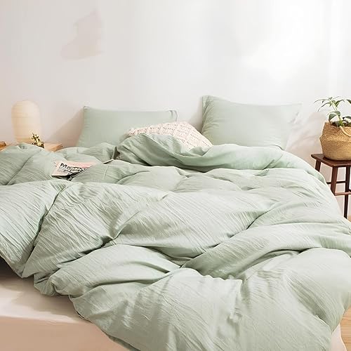 Miniatura 3 de INDACORIFY Juego de funda de edredón de algodón lavado verde salvia, juego de ropa de cama bohemio, tamaño individual, matrimonial, queen, king,