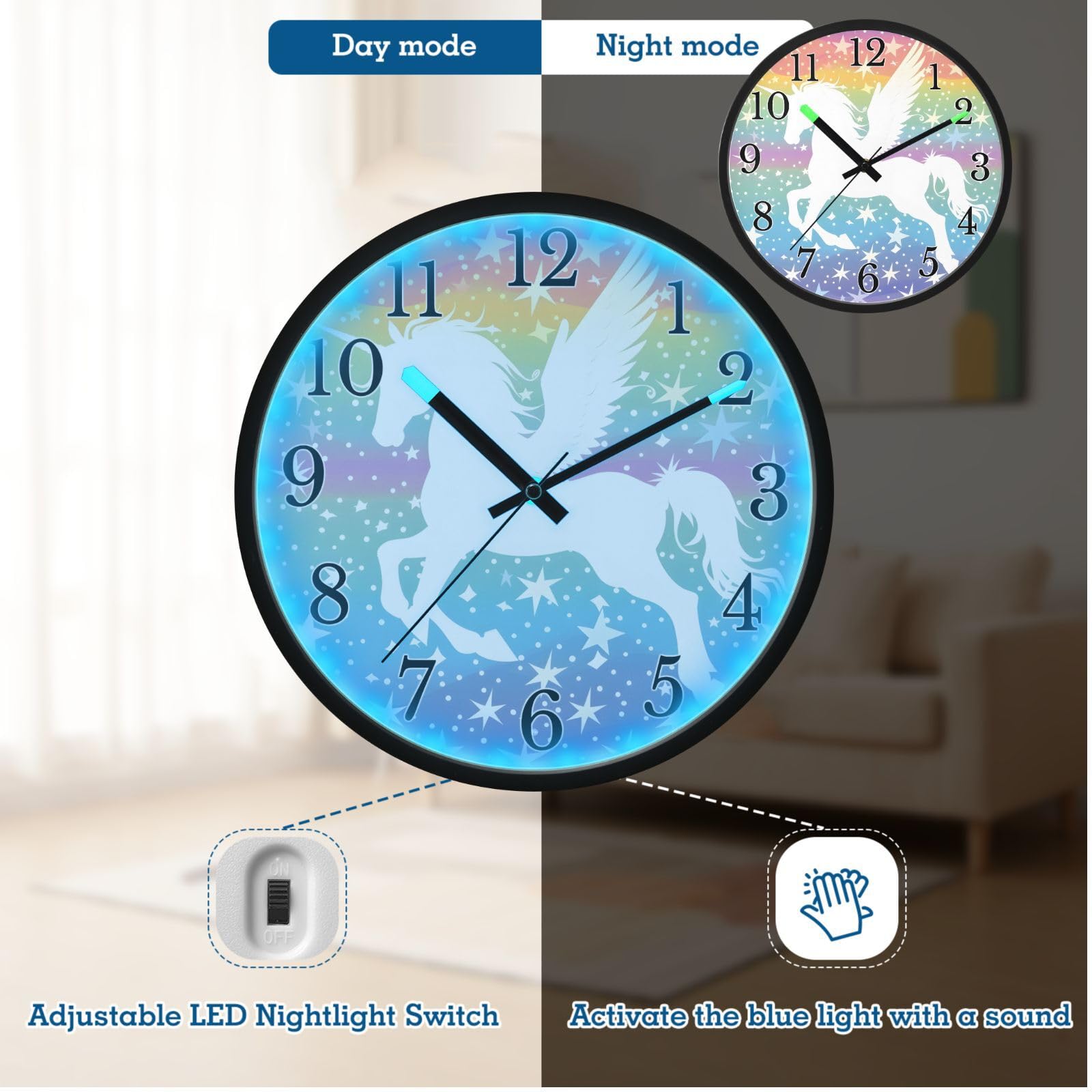 Mnsruu Reloj de pared luminoso con alas de unicornio y estrellas, reloj de dormitorio, funciona con pilas, reloj silencioso que brilla en la oscuridad, para sala de estar, cocina, 12 pulgadas