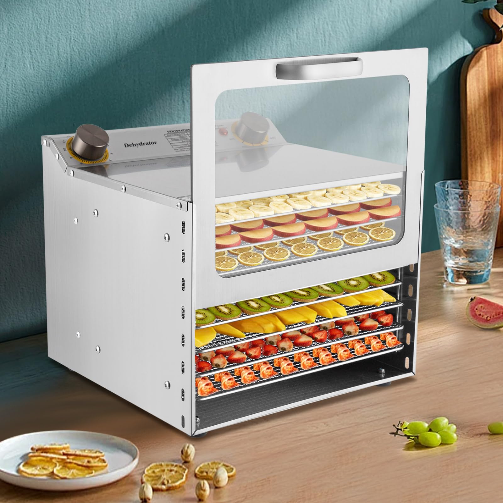 Deshidratador de acero inoxidable con 8 rejillas de acero inoxidable, deshidratador de alimentos de 30 – 90 °C, temporizador de 12 horas, deshidratador, deshidratador, deshidratador