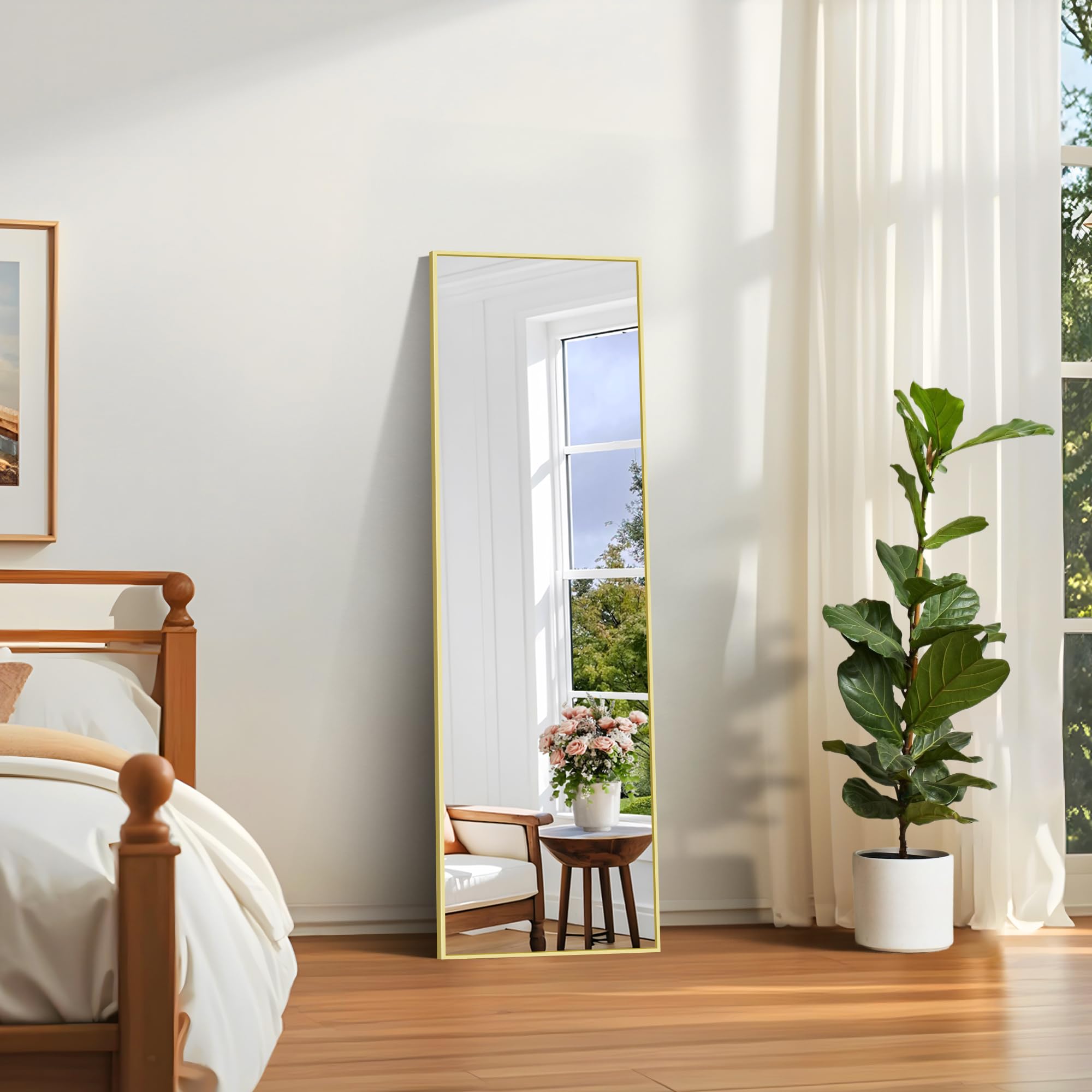 COFENY Specchio da Terra, 147 x 44 cm Specchio da Parete Grande con Cornice in Alluminio, Specchio da Terra da Appoggiare o Appendere per Soggiorno, Camera da letto, Soggiorno, Ingresso, Oro