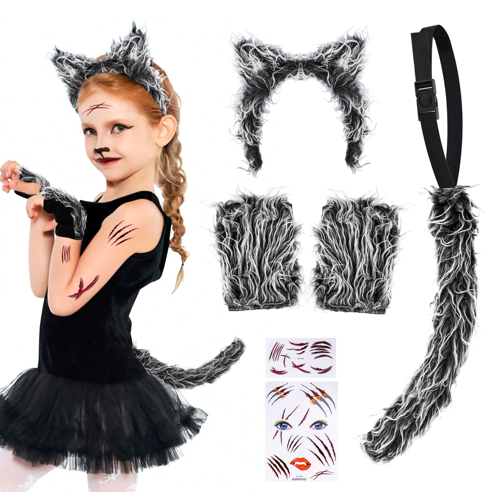 Hysagtek Disfraz de lobo para niños, disfraz de hombre lobo para carnaval, disfraz para niños con diadema de hombre lobo, cola, huellas y pegatinas, accesorios para cosplay, cumpleaños, fiestas,