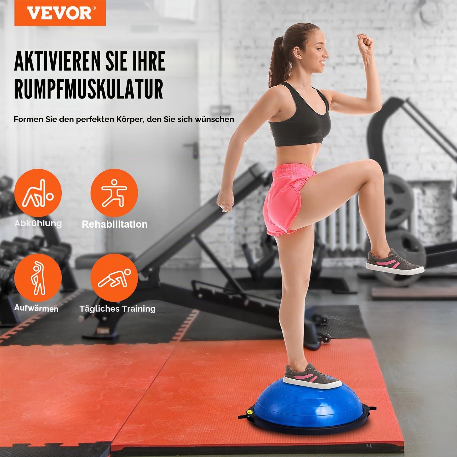 VEVOR Halb-Gymnastikball-Trainer, 66 cm Balance-Ball-Trainer, 680 kg Tragkraft Stabilitätsball, Yoga-Ball mit Widerstandsbändern und Fußpumpe, Kraft-Fitnessball im Heim-Fitnessstudio, Blau