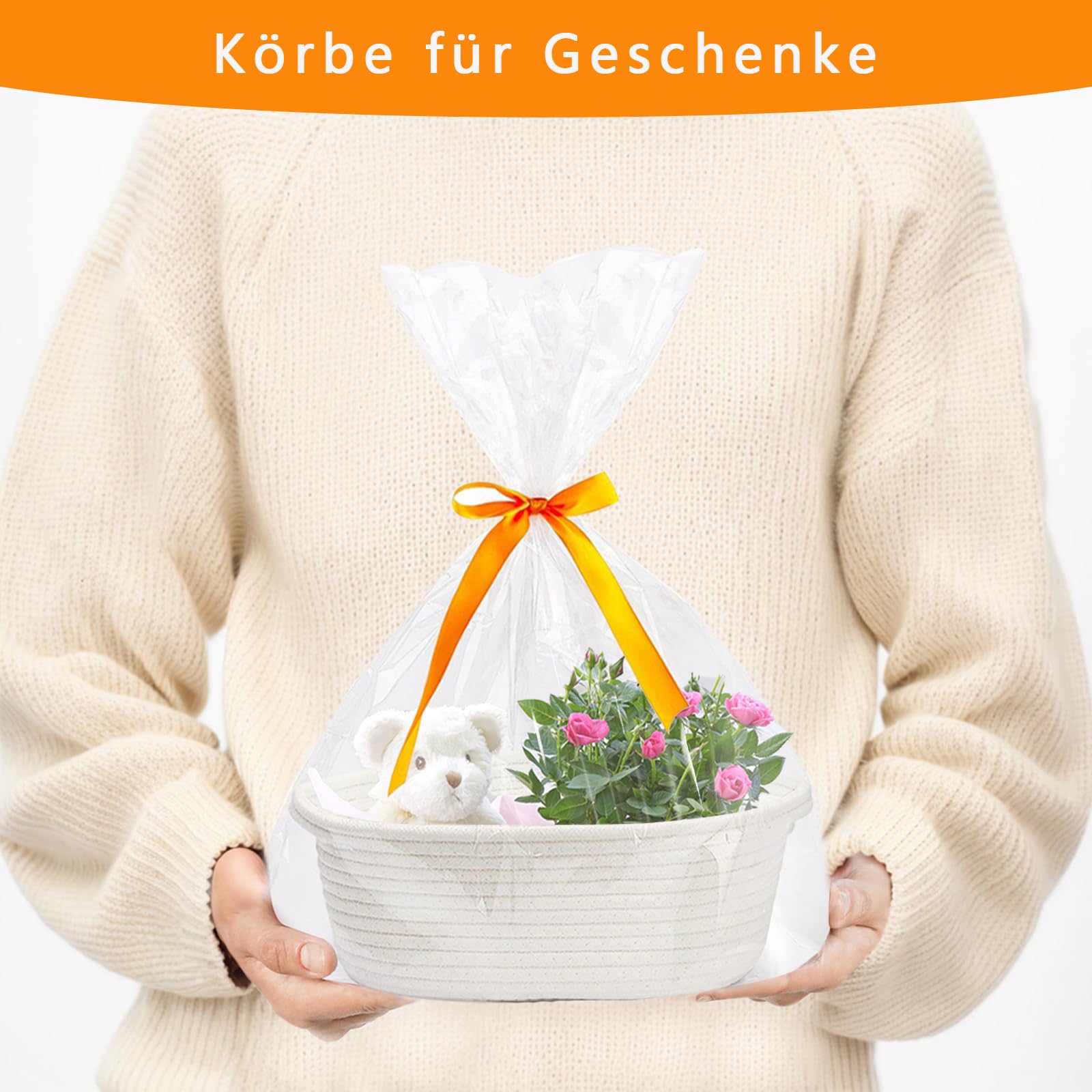 Lege geschenkmand, mand, cadeau van katoen, gevlochten mand met cadeauzakjes en linten, voor bruiloft, opslag, verjaardag, babyshower (wit
