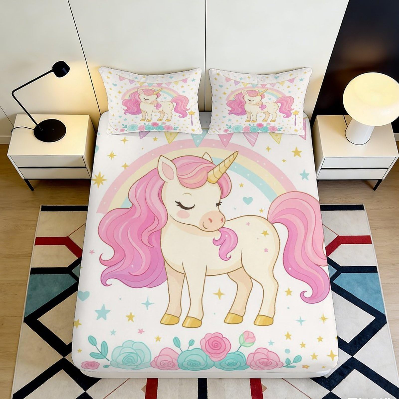 Pnayamiorkfel Style-1 3D Printed Pastel Unicorn Fitted Sheet Microfiber Soft Bedroom Decor Floral Rainbow Mattress Cover For Adult Teen 90X200x25cm