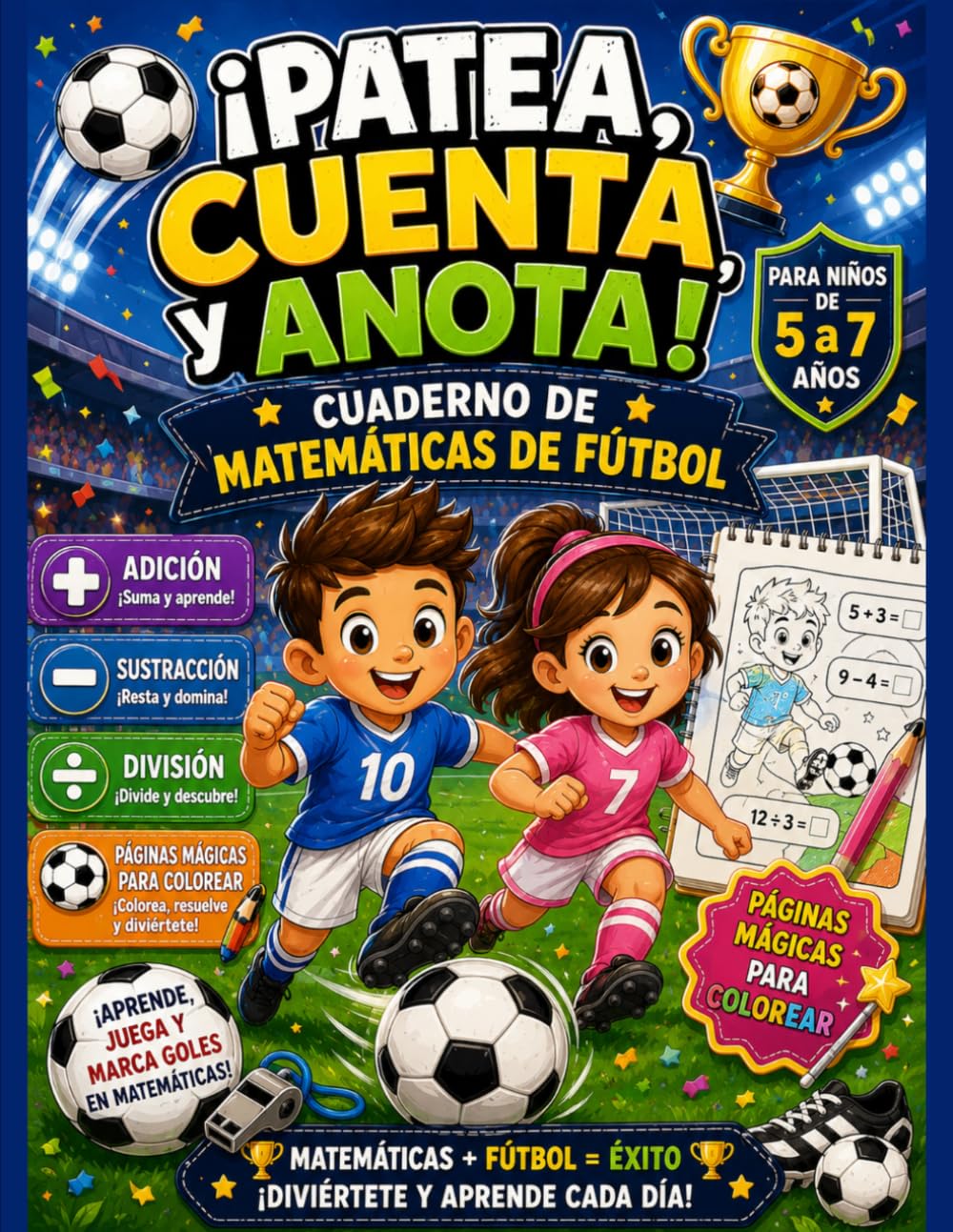 ¡Patea, Cuenta y Anota! Cuaderno de Matemáticas de Fútbol para Niños de 5 a 7 Años