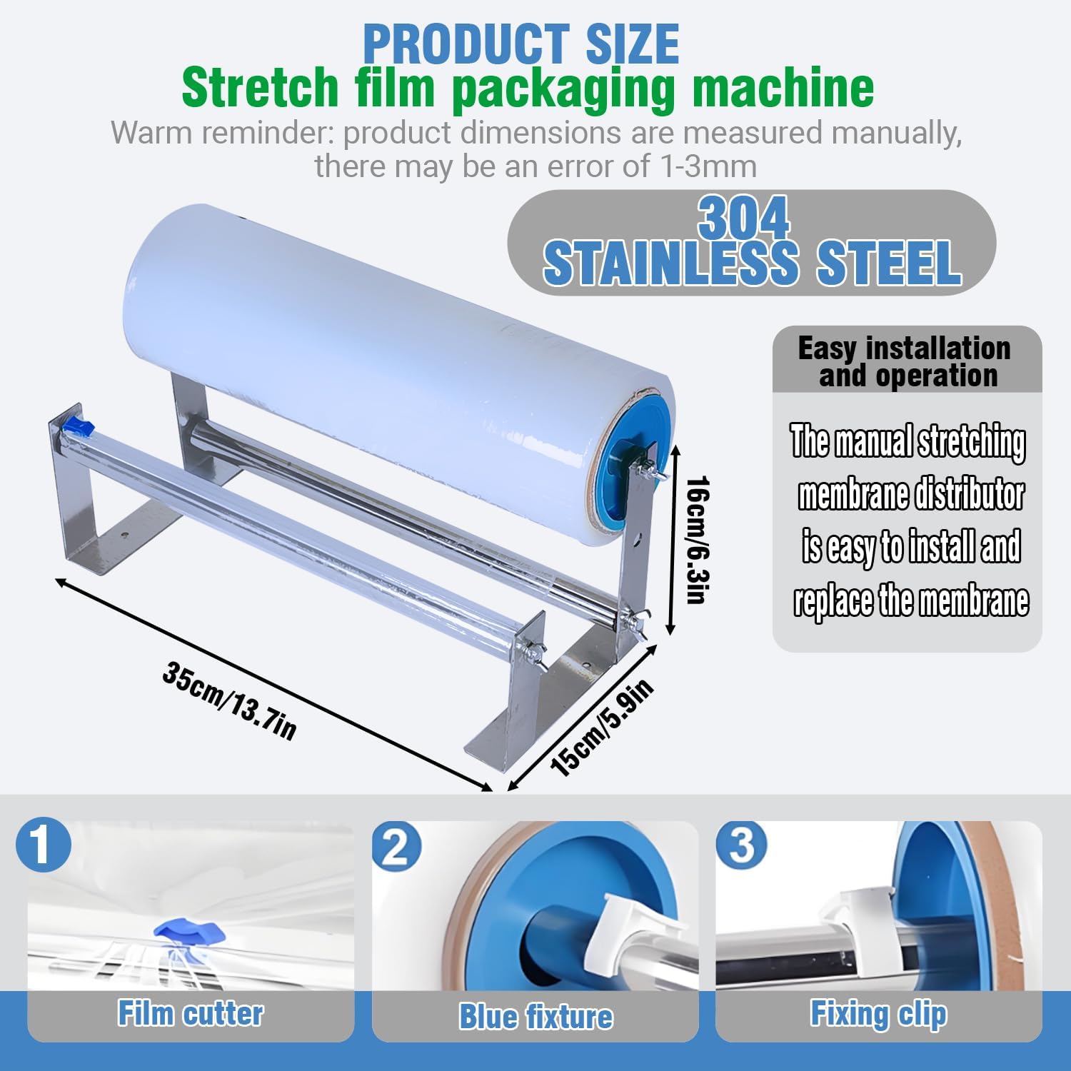 Film Wrapping Machine Manual Stretch Film Packaging Dispenser Suitable for Packing Fruits for Fresh Preservation, 4‘’-13‘’ Usage Range and Equipped with 2 Film Sliding Cutters.