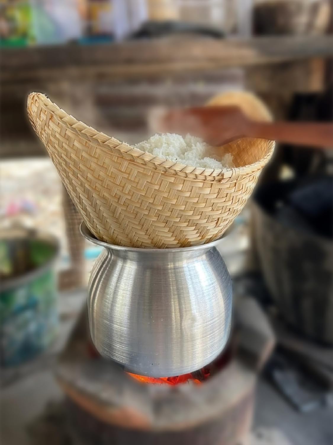 Set of Sticky Rice Steamer Pot and Basket Cook Kitchen Cookware Tool