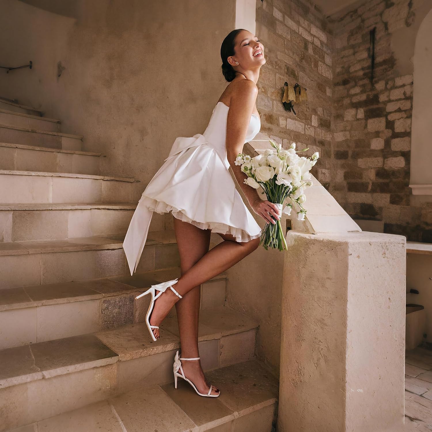 Mattiventon Women's Bow Heels Slingback Stiletto High Heeled Sandals with One Strap Open Toe Wedding Bridal Shoes for Summer Dress