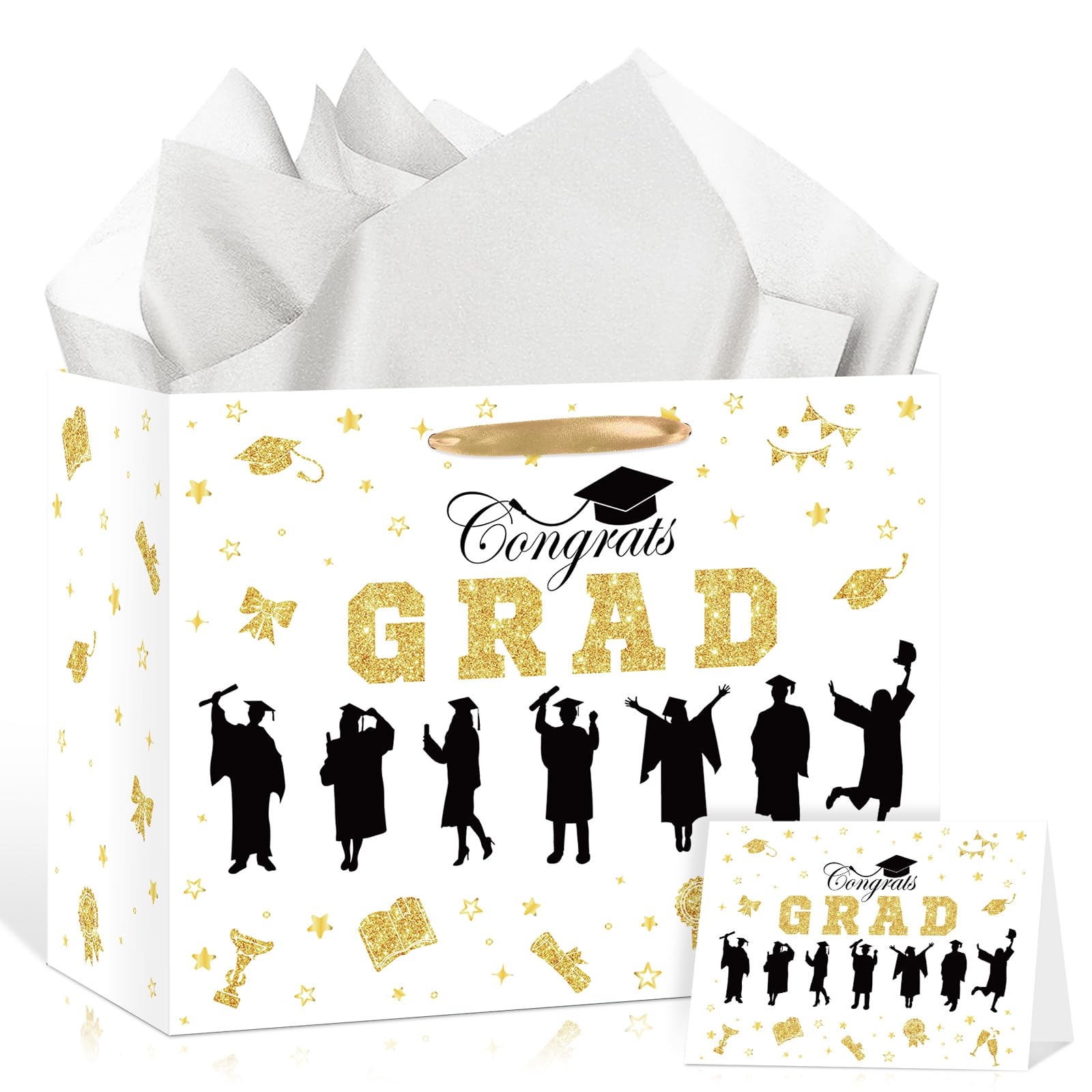Graduation Gift Bag Class of 2026 Congrats Grad Gift Bag with Tissue Paper and Card Happy Graduation Wrapping Paper Bag for High School College University Gold Glitter Silhouette Theme Decorations