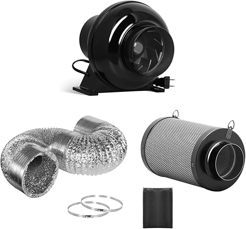 iPower Ventilador de ventilación en línea de 4 pulgadas 195 CFM, filtro de carbono silencioso con prefiltro, conducto de aluminio de 8 pies para