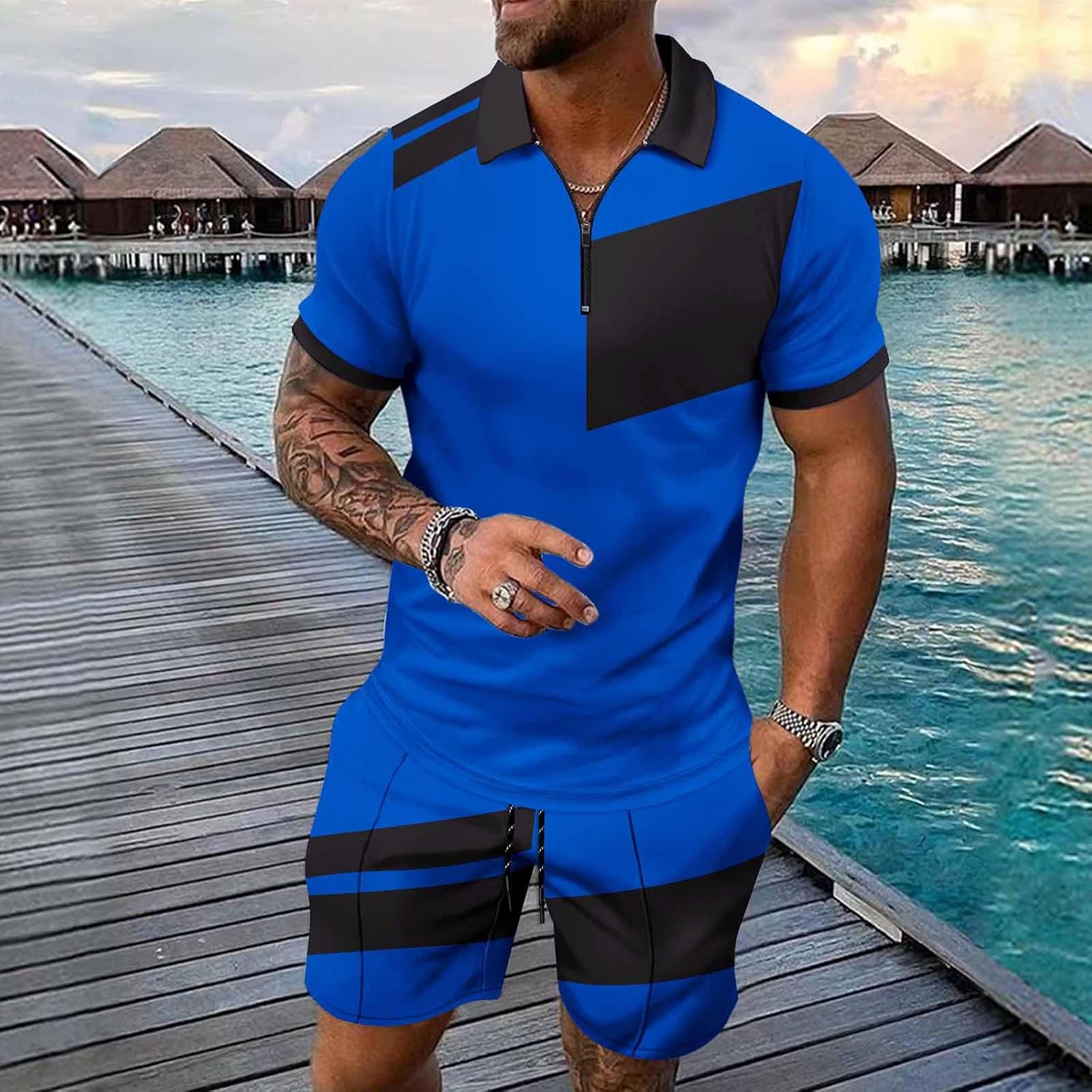 Tracksuit for Men 2025 Trendy Color Block Short Sleeve Lapel Henley Shirts Jogger Shorts Sweatpant 2PC Workout Set