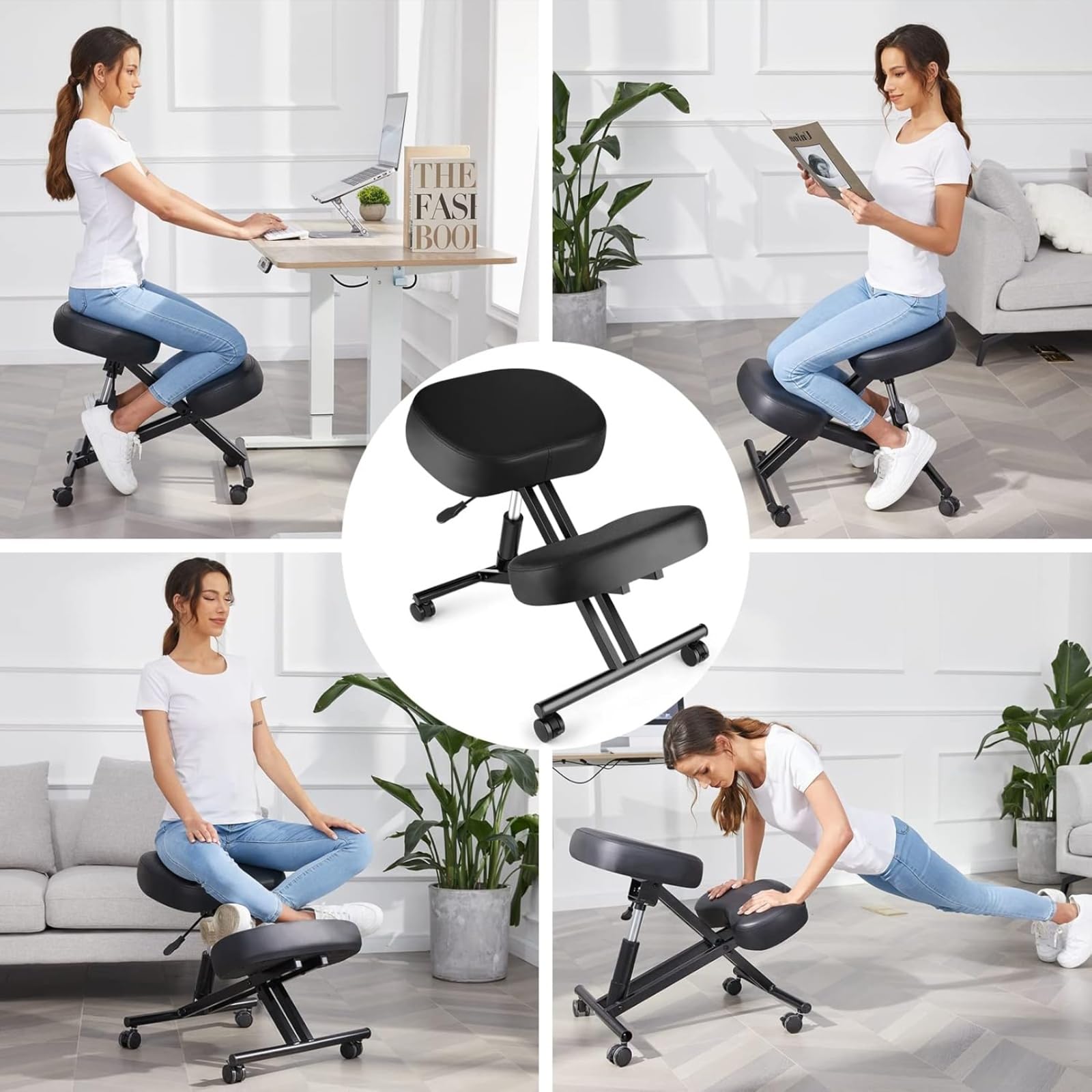 Chaise genoux, ergonomique, repose-genoux, tabouret de bureau, hauteur réglable, avec roulettes, améliore votre posture avec un siège incliné - Coussin épais et confortable - Noir