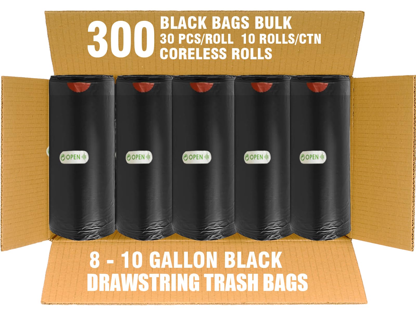 BEIDOU-PAC Bolsas de basura de 8 a 10 galones con cordón, 300 unidades a granel, bolsas de basura multiusos negras y sin perfume para negocios, hogar, baño, cocina, comercial e industrial