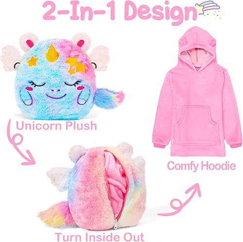 Miniatura 4 de G.C Juguetes de peluche de unicornio para niñas y niños, regalos de unicornio de teñido anudado, almohada 2 en 1 y capucha de felpa suave de