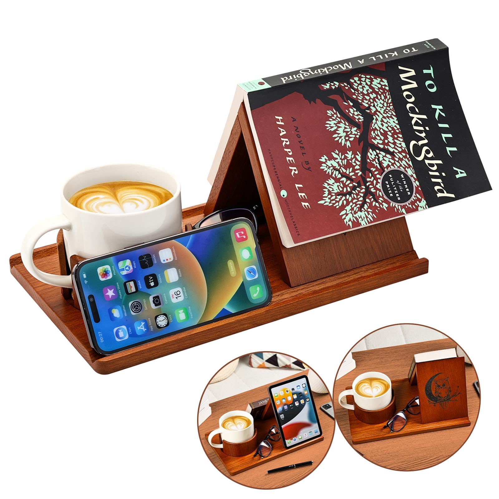 Wooden Book Holder Stand for Page Rest with Anti-Spill Coffee Mug Cup Holder, Book Nook, Kindle Holder, Ipad Stand, Phone Tablet Stand for Desktop Nightstand Bedside, Birthday Gifts for Book Lovers