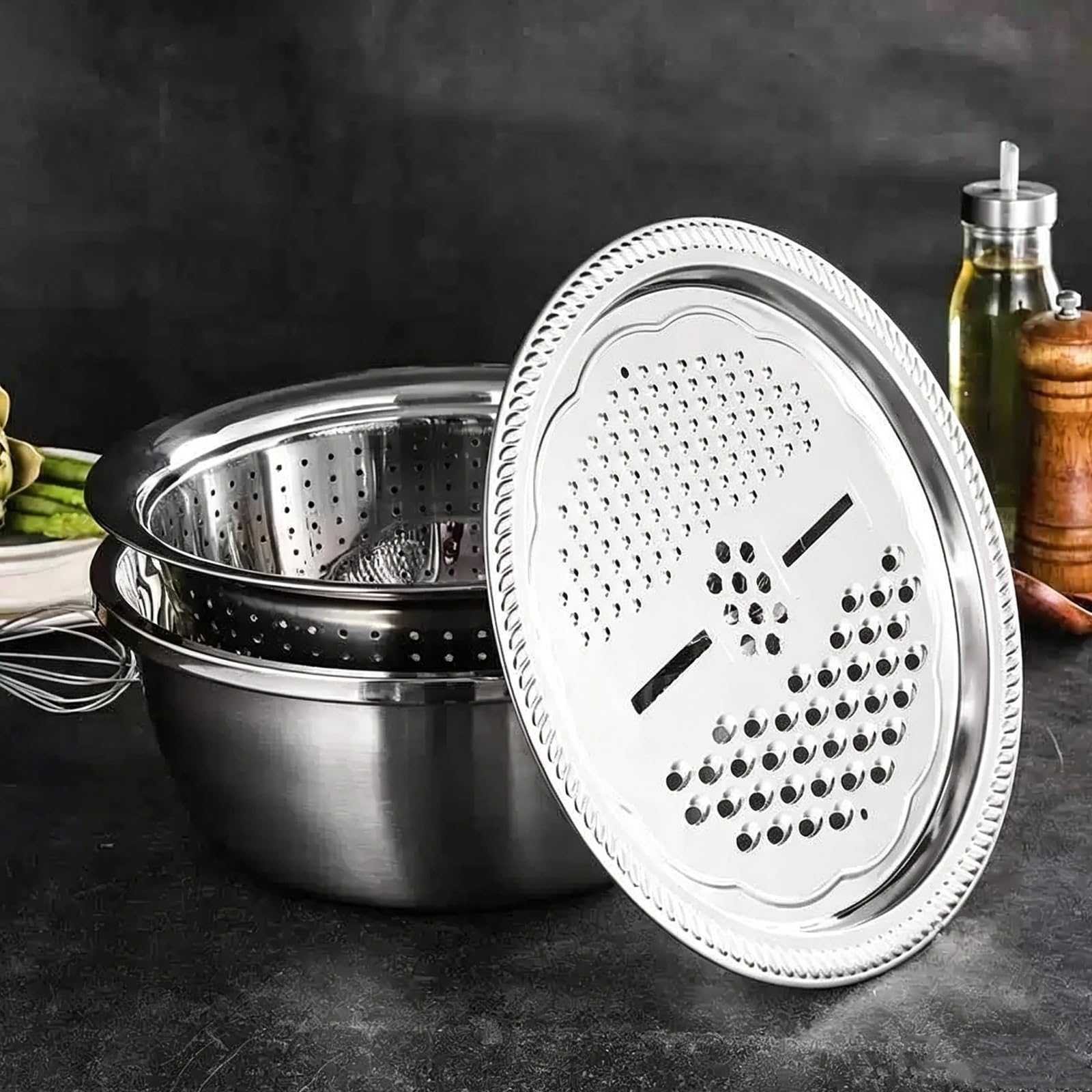 Mandolina Cocina, Picadora Manual de Acero Inoxidable 3 en 1, Colador para Lavar Arroz, Juego de Ralladores Cocina con Cesta Drenaje, para Queso, Zanahorias y Patatas