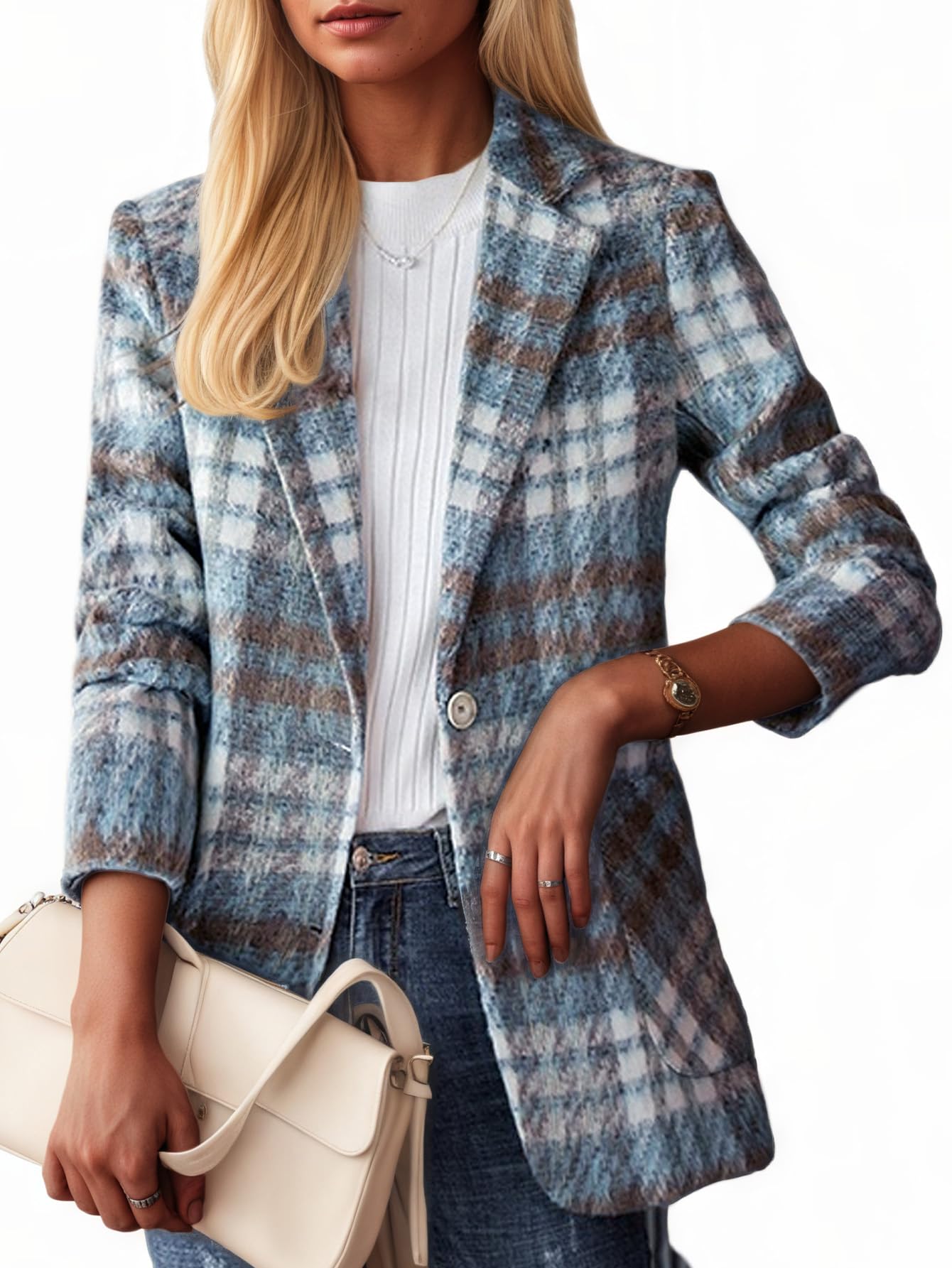 Mina Self 2025 Fall Womens Tweed Blazer Jacket- Plaid Fully-Lined Trendy Slim Casual Work Office with Pockets Coat