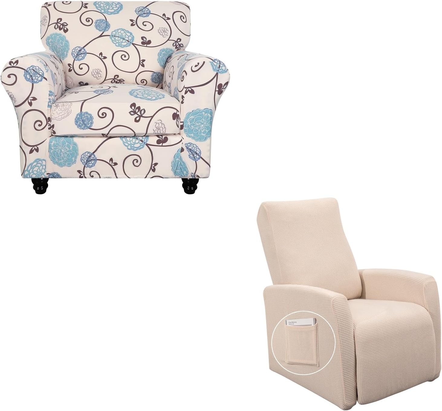 SearchI Floral Printed Armchair Slipcover Bundle, 4 Piece, Beige, Stretch Fit, Easy Installation, Recliner Chair Cover