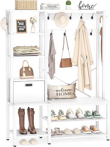 Aheaplus Árbol de pasillo con banco de almacenamiento, perchero con luces LED, estantes de 5 niveles, cesta de almacenamiento de tela, ganchos