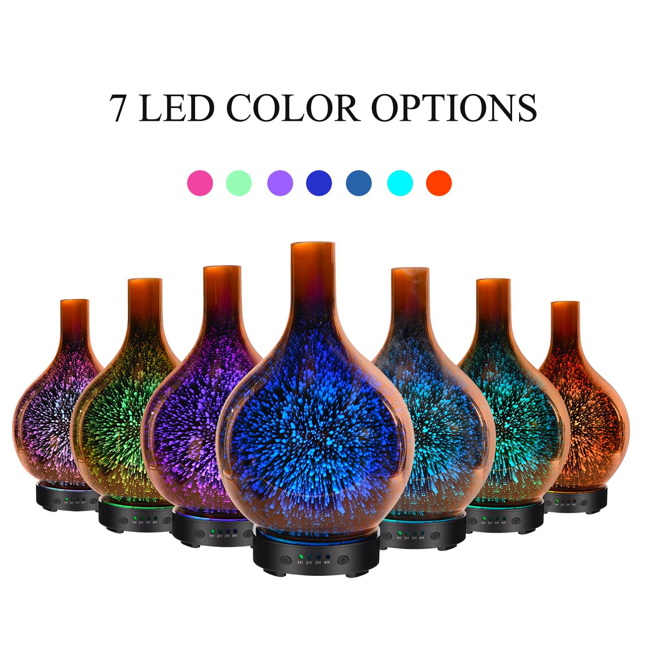 Diffusore di aromaterapia ad ultrasuoni per oli essenziali con vetro fatto a mano, bisfenolo A, spegnimento automatico senza acqua, 4 impostazioni timer, 7 opzioni di luce LED variabili