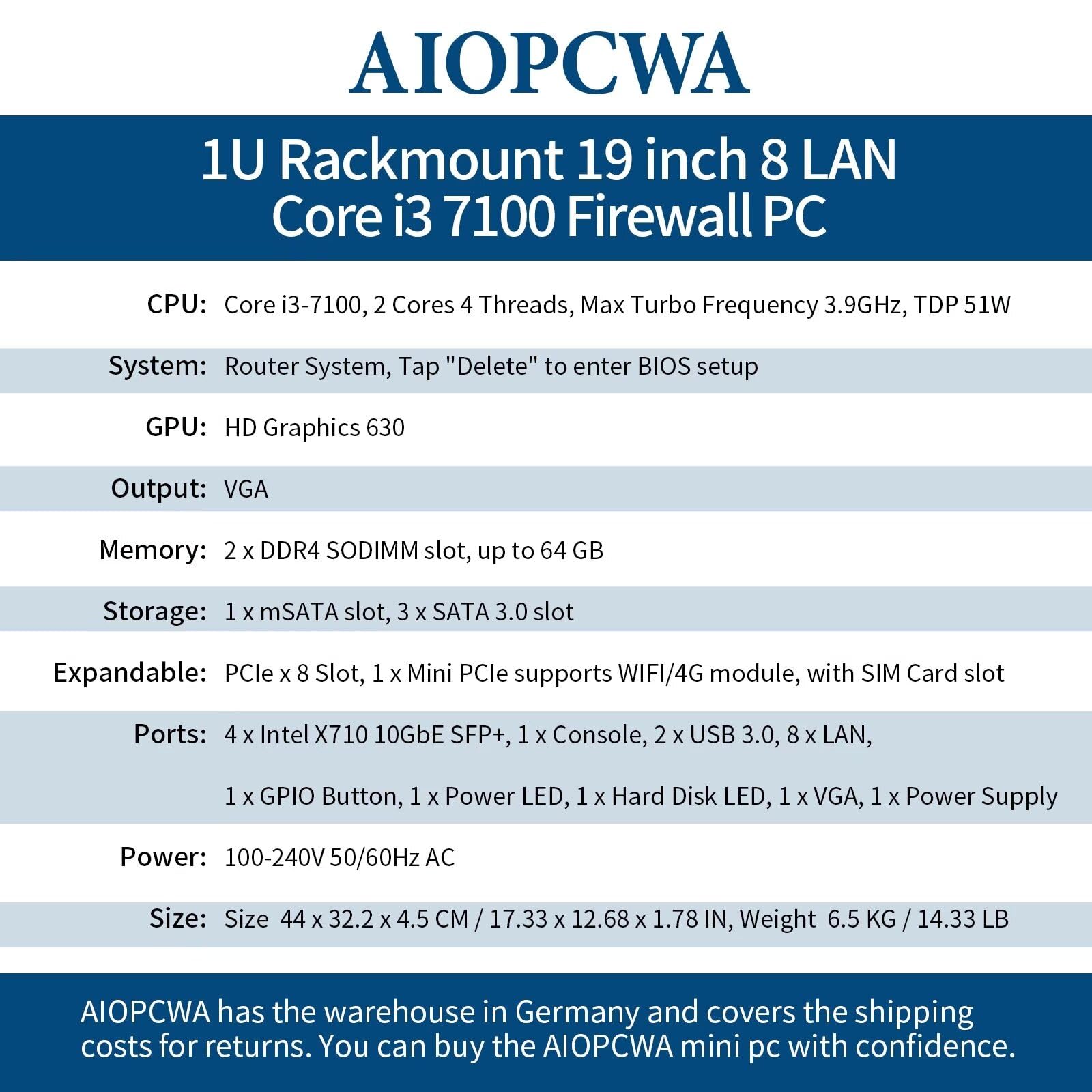 1U Firewall Hardware B150 Core i3 7100, 4 x 10Gb SFP+ LAN Firewall Appliance VPN Router PC, 8GB RAM 64GB SSD OPNsense Hardware 19”Rackmount for Homelab with VGA, SIM
