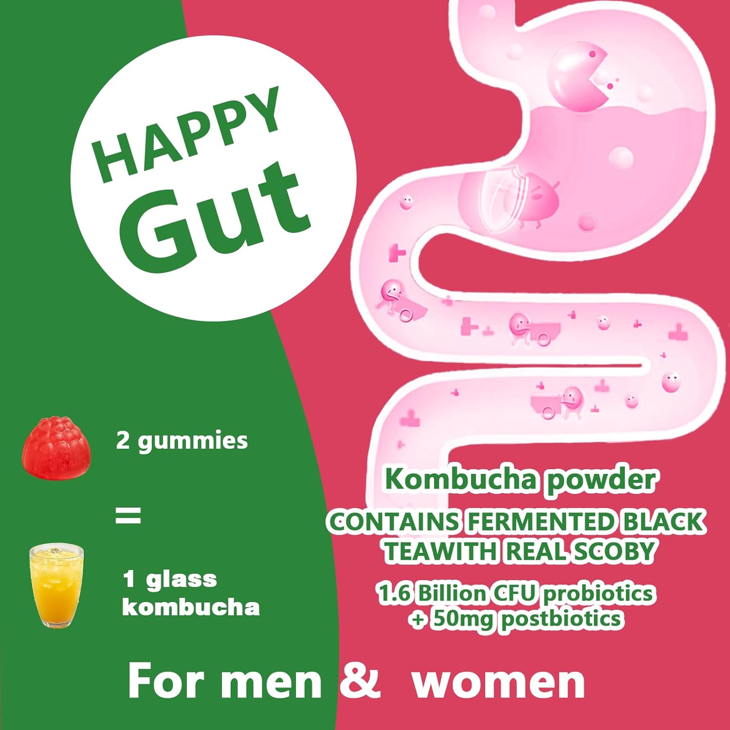 Probiotic Kombucha Gummy - Prebiotics, Probiotics, Postbiotics, Fiber Supplement, Slippery Elm for Bloating, Gut Health, Women and Men, 60ct - Image 7