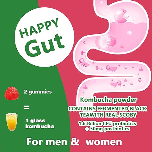 Miniatura 7 de Gomitas probióticas de kombucha prebióticos, probióticos, postbióticos, suplemento de fibra, olmo resbaladizo para hinchazón, salud intestinal,