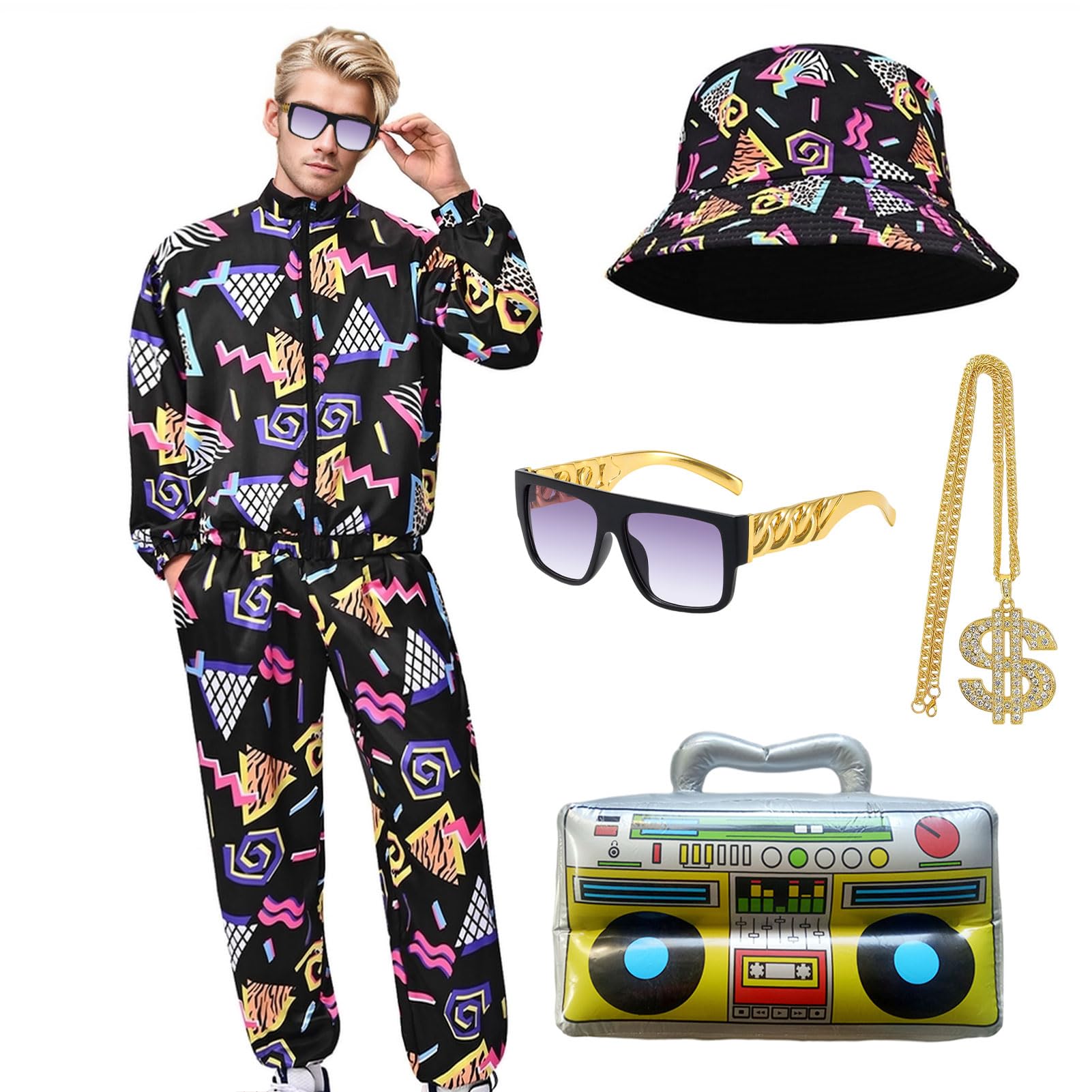 Amycute 80s Shell Suit for Men Women Retro 80s Tracksuit, 1980s Disco Fancy Dress 80s 90s Costume Outfits Adults Halloween