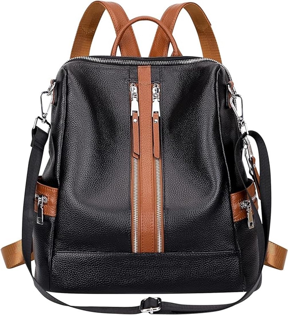 Comfabie Leather backpacks purse for women, girls college shoulder bags, crossbody handbags with laptop compartment, travel backpacks, messenger bags, wallets & luggage purse, daypacks (Brown & Black)